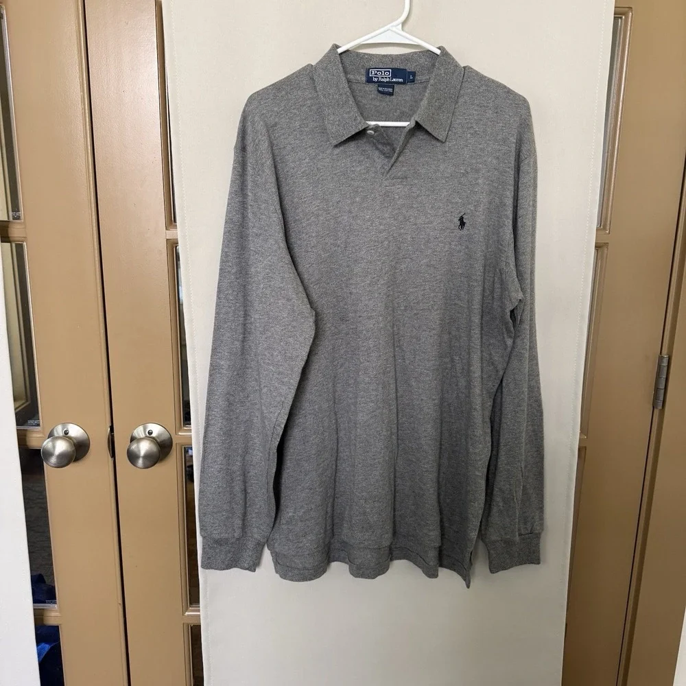 Polo By Ralph Lauren Mens Large Grey 100% Cotton Long Long Sleeve Polo Shirt